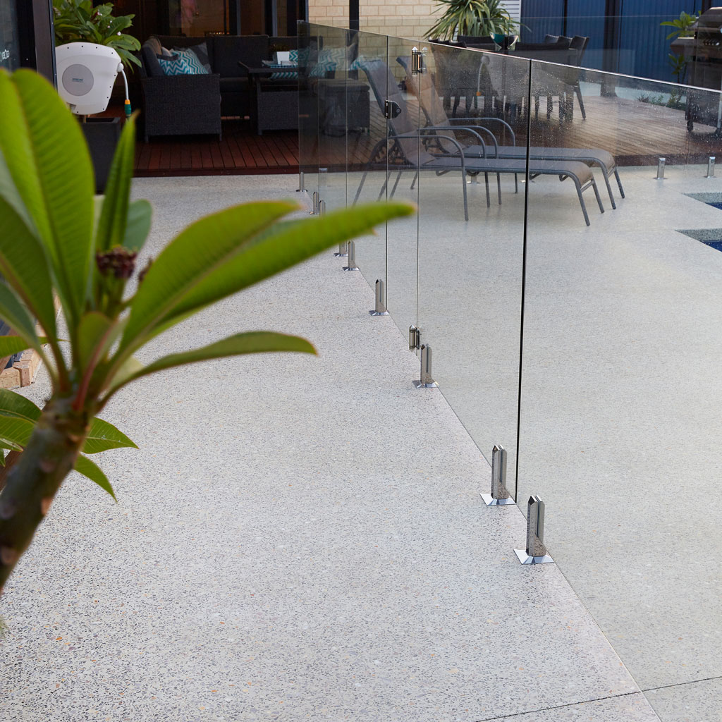 Green plant in the foreground of external honed concrete flooring