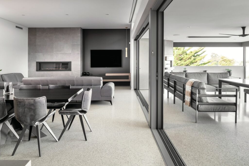Polished white concrete floor